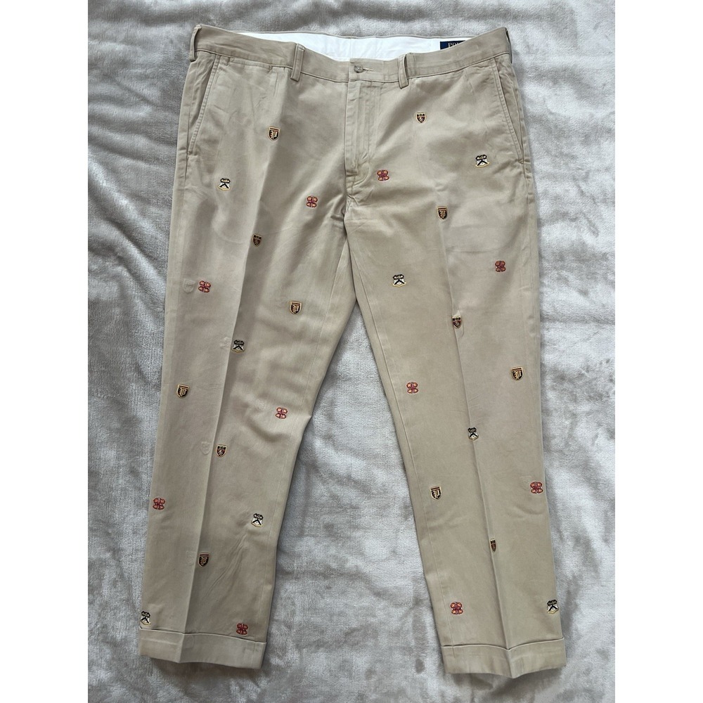 Polo Ralph Lauren Slim Fit Embroidered Crest Chino Pants Khaki Mens 40x32 Cuffed